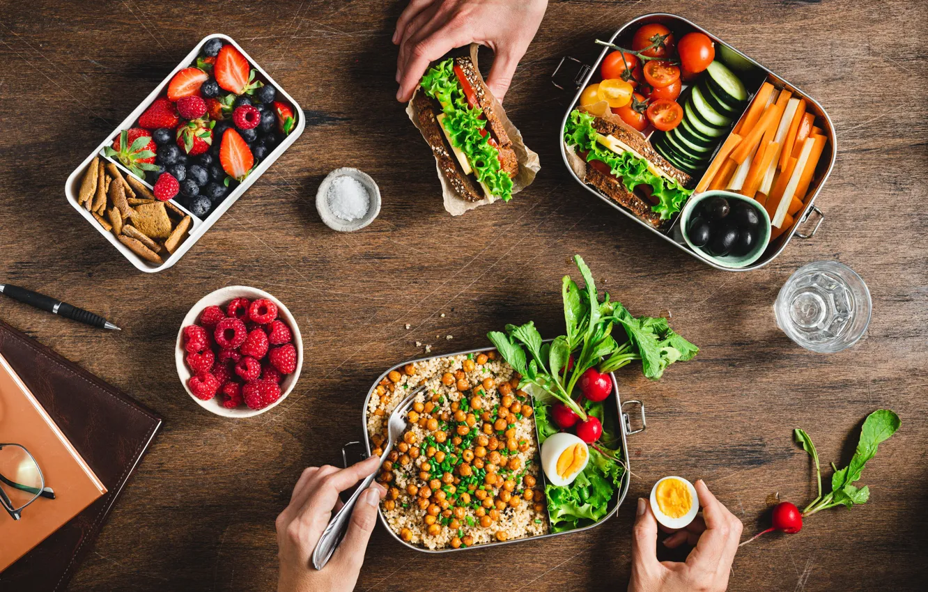Photo wallpaper greens, berries, raspberry, table, food, eggs, hands, blueberries