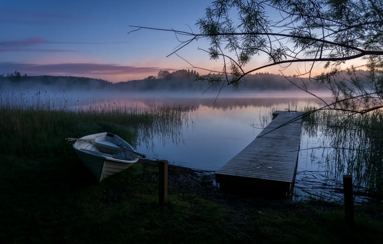 Photo wallpaper landscape, nature, fog, lake, dawn, boat, morning, bridges