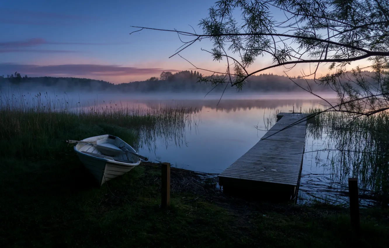 Photo wallpaper landscape, nature, fog, lake, dawn, boat, morning, Finland