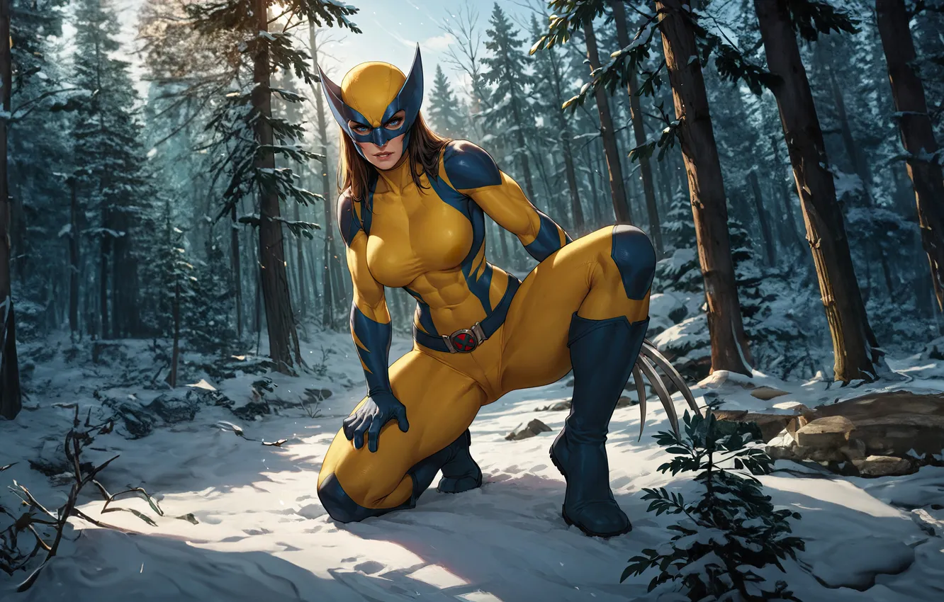 Photo wallpaper winter, forest, girl, snow, superhero, big Breasts, X-23, Laura Kinney