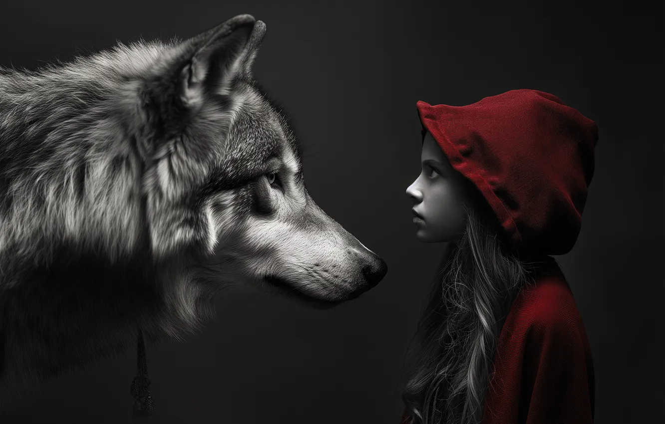 Photo wallpaper look, face, face, the dark background, wolf, portrait, little red riding hood, hood