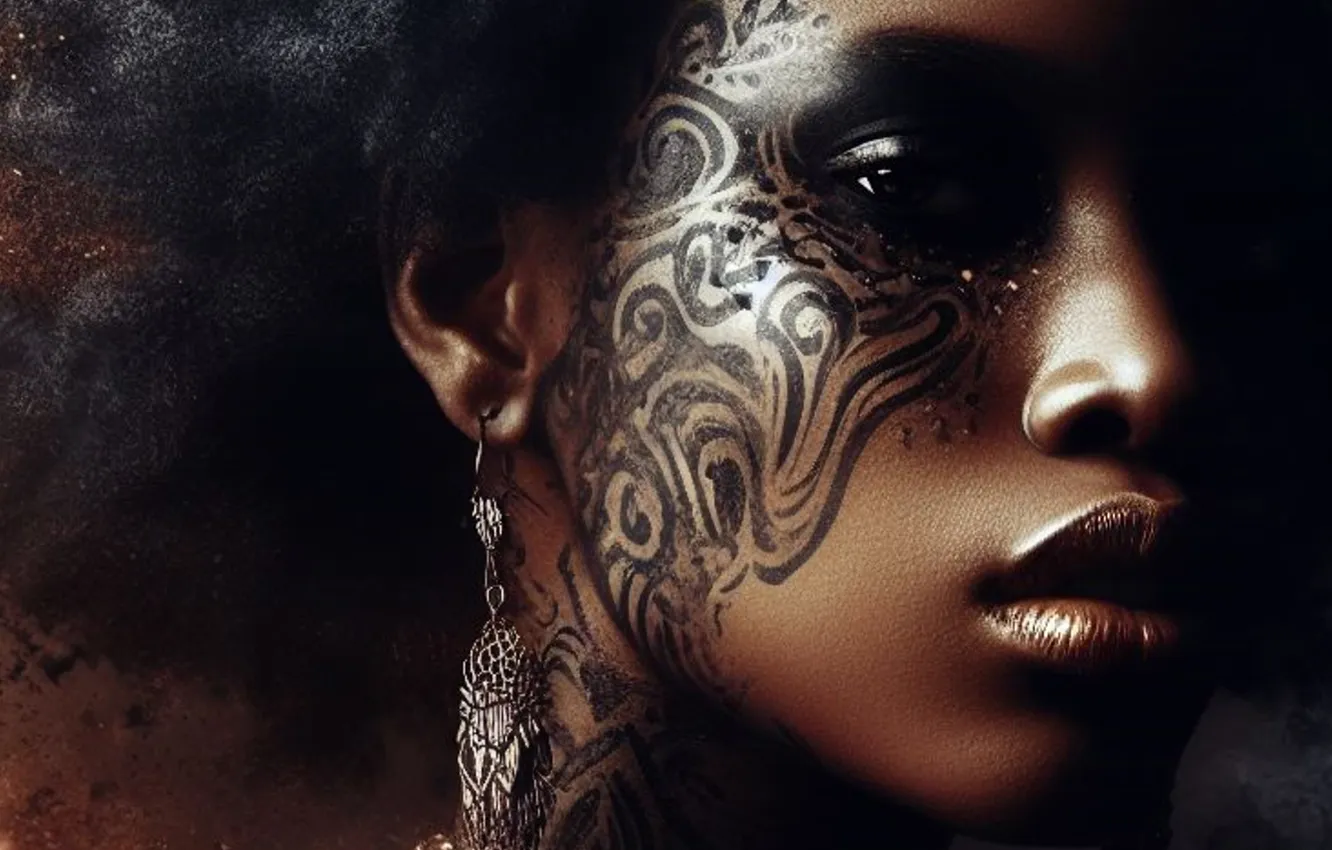 Photo wallpaper look, girl, decoration, pattern, portrait, makeup, African, ornament