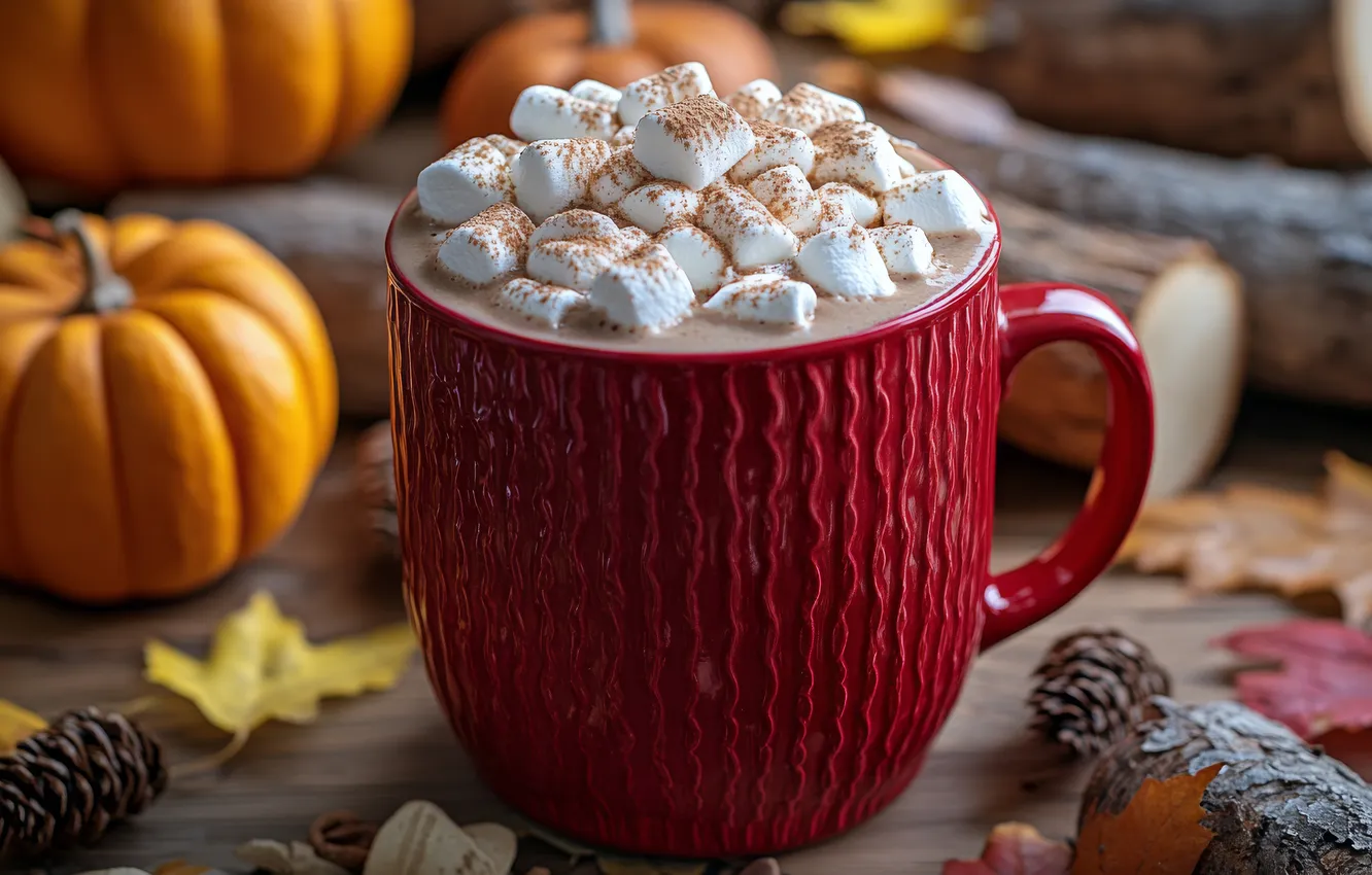 Photo wallpaper autumn, comfort, table, coffee, mug, Cup, pumpkin, bumps