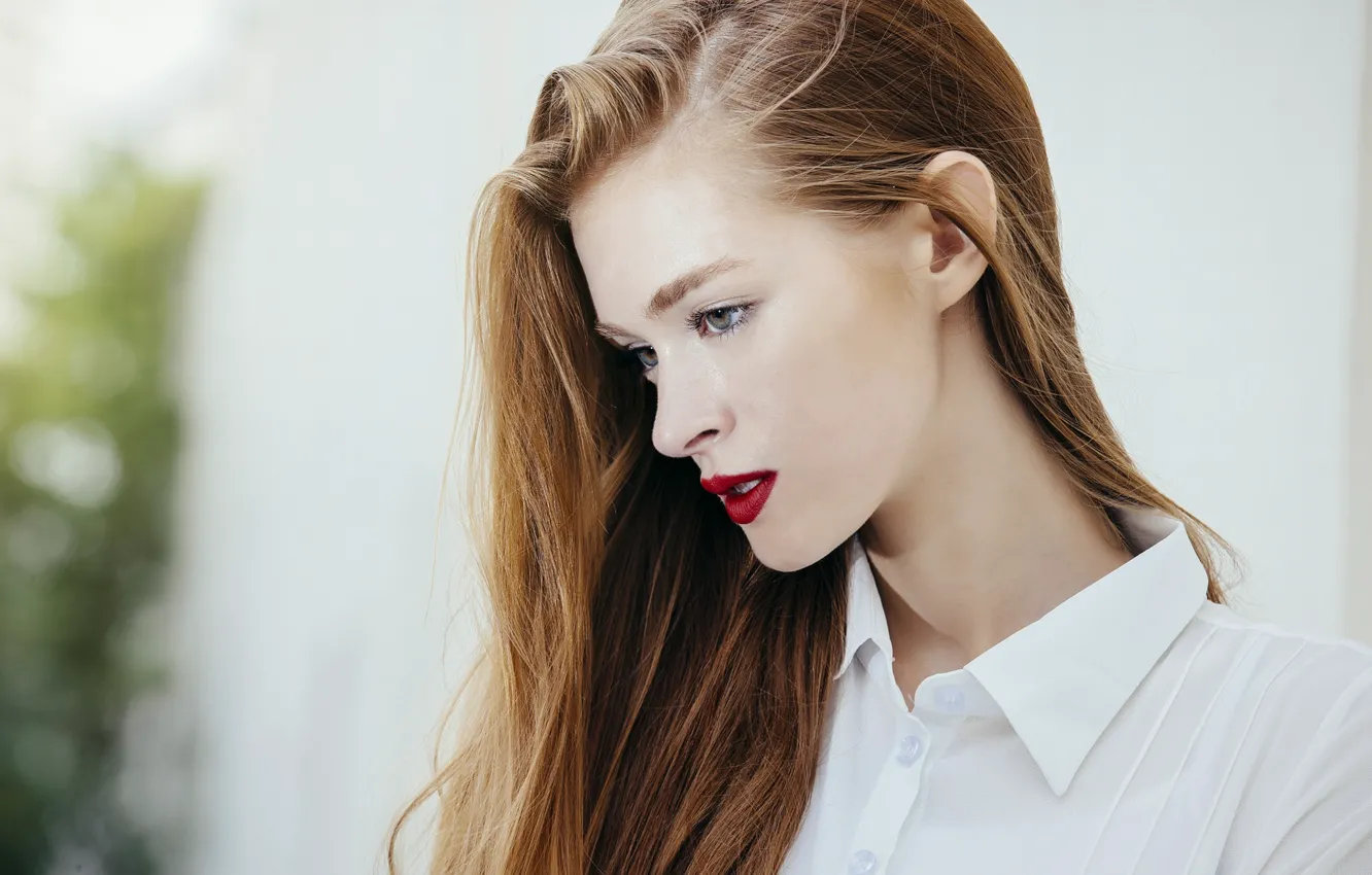 Photo wallpaper girl, white, blouse, woman, beautiful, view, model, street