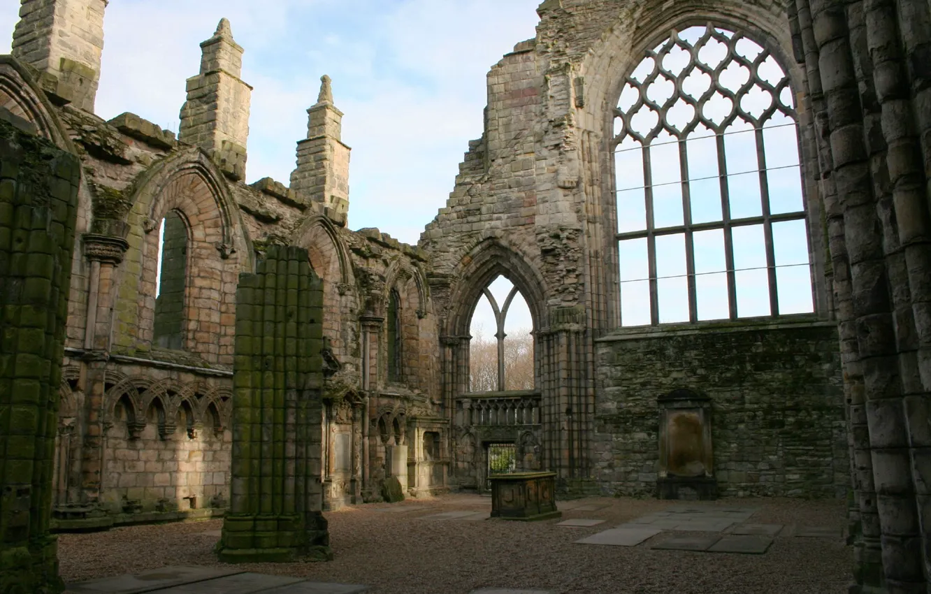 Photo wallpaper the sky, clouds, UK, ruins, architecture, the monastery, Holyrood Abbey
