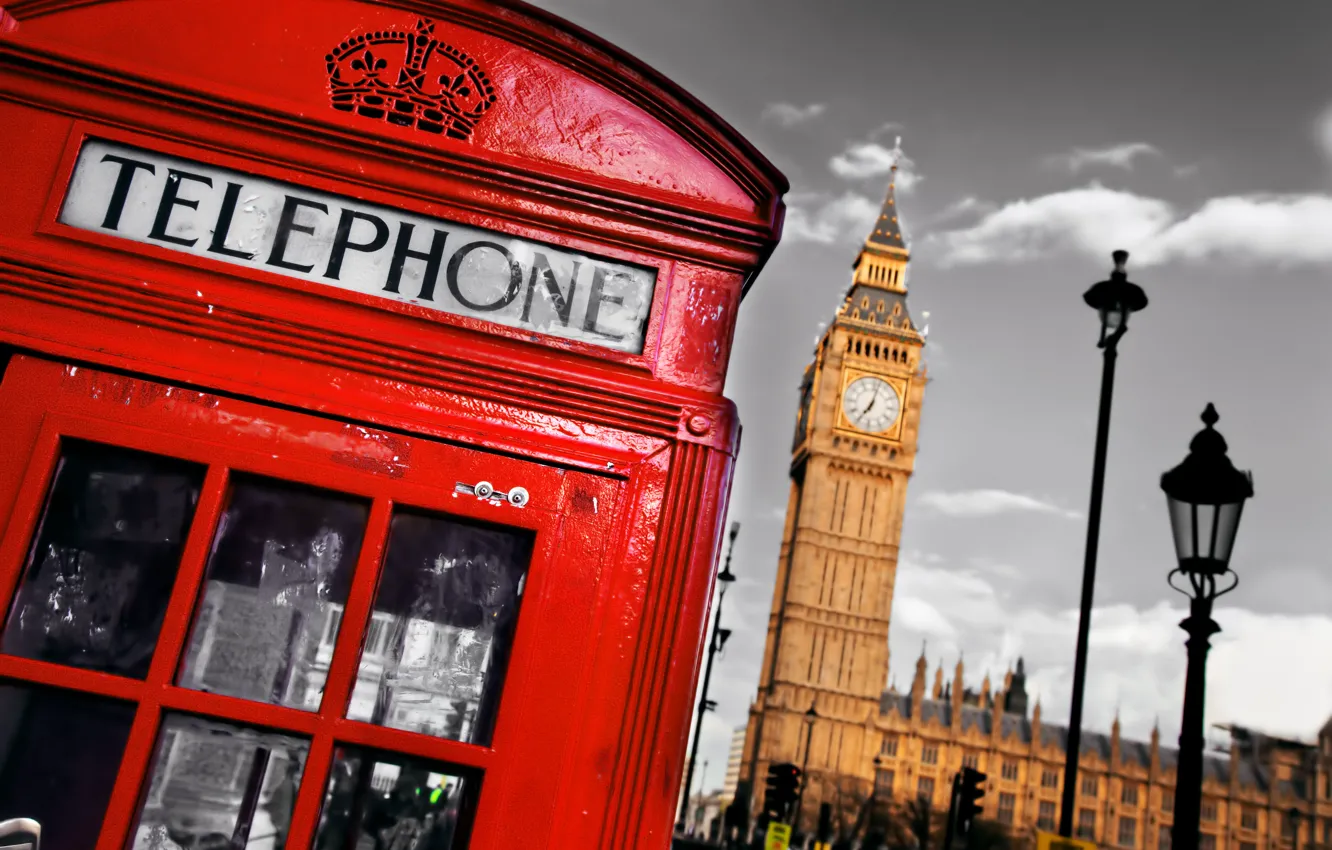 Photo wallpaper England, London, phone booth, London, England, Big Ben, telephone