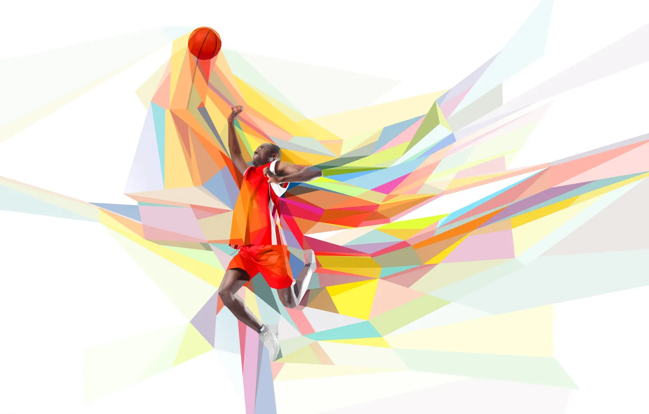 Photo wallpaper jump, the game, the ball, basketball, basketball player, throw, low poly