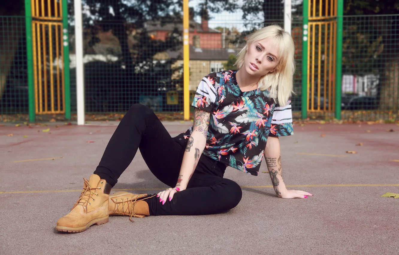 Photo wallpaper girl, woman, feathers, model, tattoo, blonde, tattoos, female