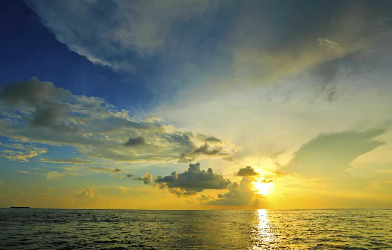 Photo wallpaper sea, the sky, the sun, clouds, rays, sunset, horizon