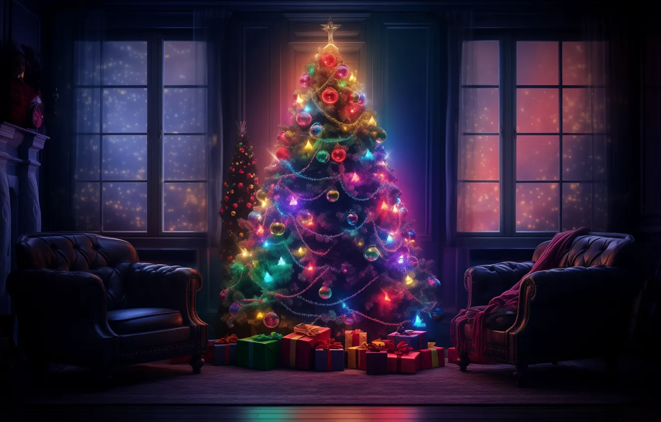 Photo wallpaper box, gift, garland, room, interior, lights, AI art, elegant