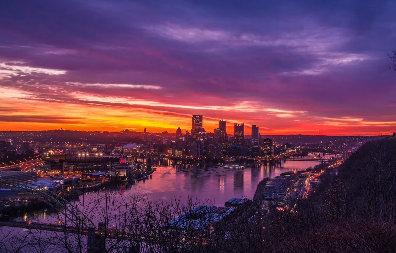 Photo wallpaper the sky, clouds, landscape, sunset, bridge, city, the city, river