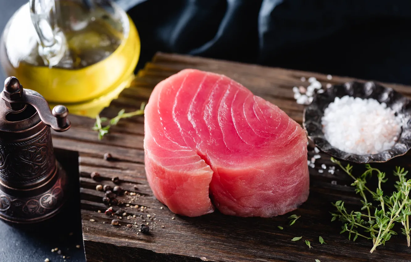 Photo wallpaper red, the dark background, fish, spices, salt, bottle, tuna, fillet