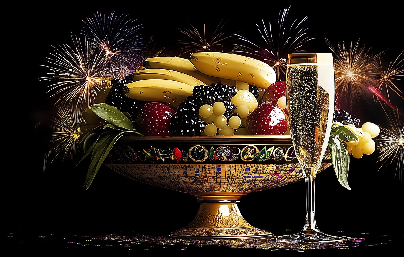 Photo wallpaper holiday, New year, digital art, a glass of champagne, digital art, fireworks, AI art, Stability …