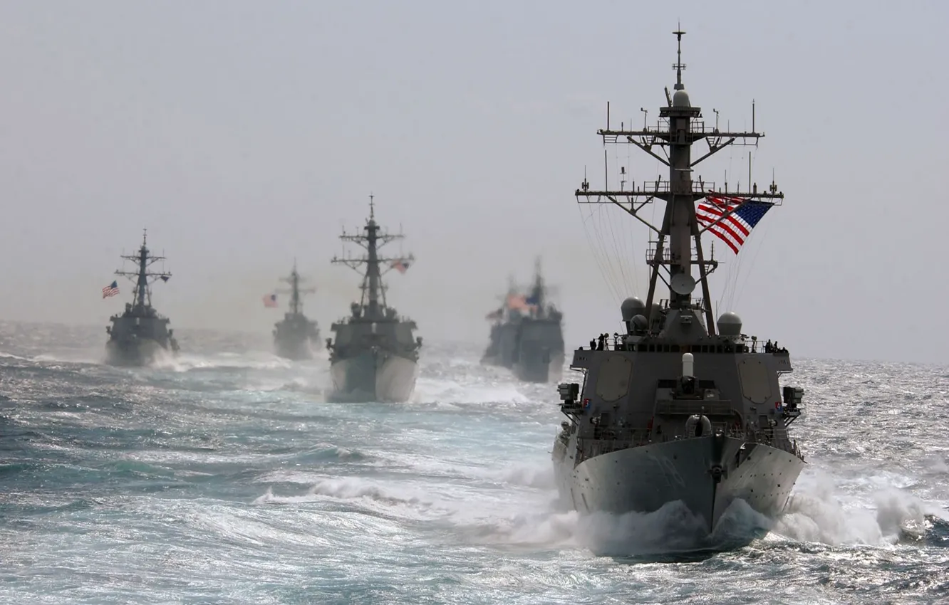 Photo wallpaper Sea, Wave, The wind, Ships, Military, USA