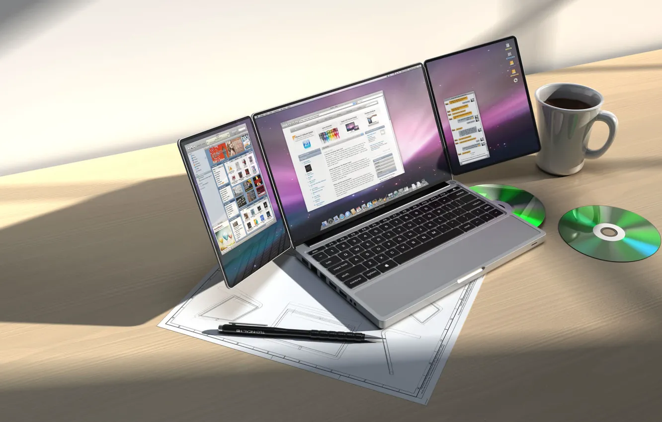 Photo wallpaper Concept, design, table, apple, Cup, drives, triBook