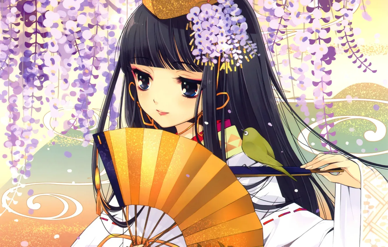 Photo wallpaper flowers, fan, girl, kimono, bird, art, headdress, noizi ito