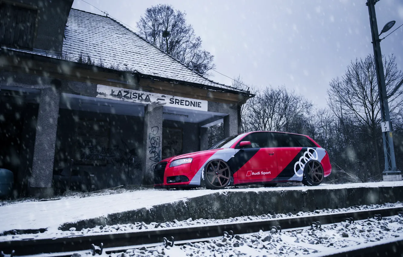 Photo wallpaper Audi, red, snow, Side, Before, Audi A4, railroad