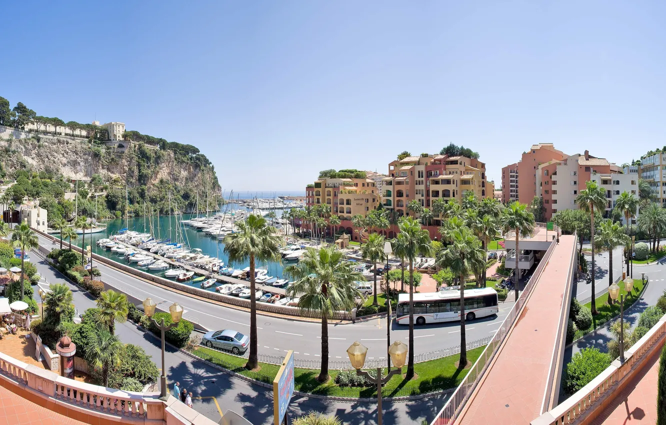 Photo wallpaper road, palm trees, street, Marina, yacht, bus, Monaco, Monte Carlo