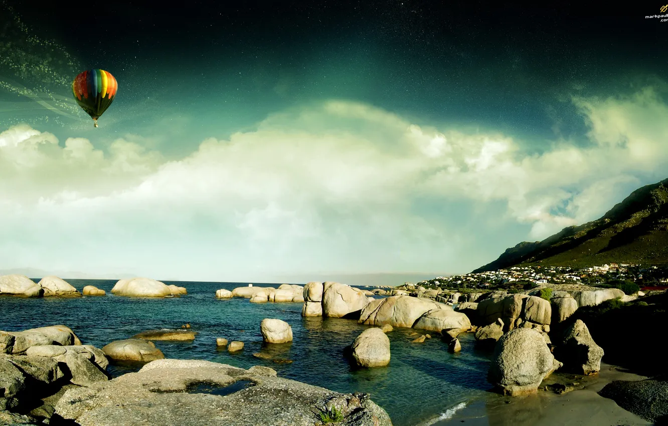Photo wallpaper the sky, water, balloon, stones, shore, beauty