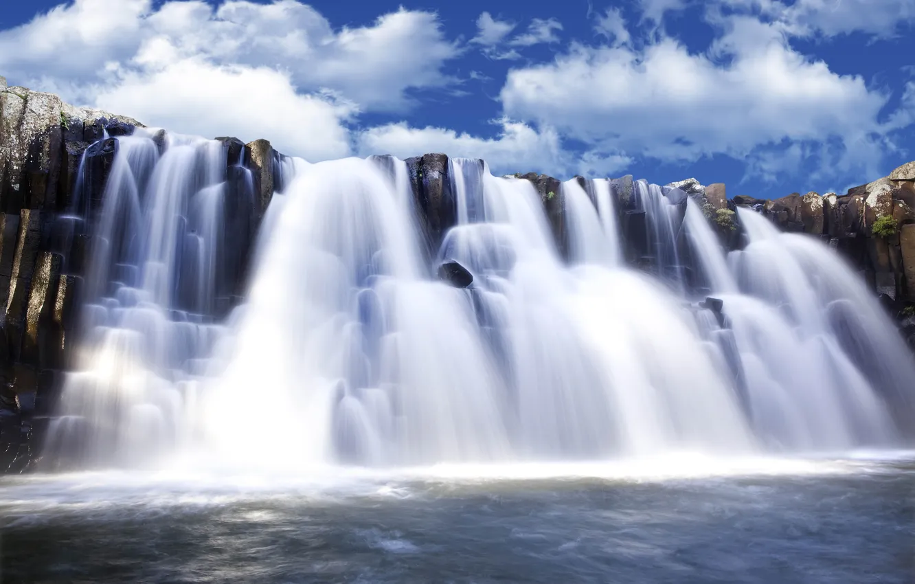Photo wallpaper the sky, clouds, rocks, waterfall