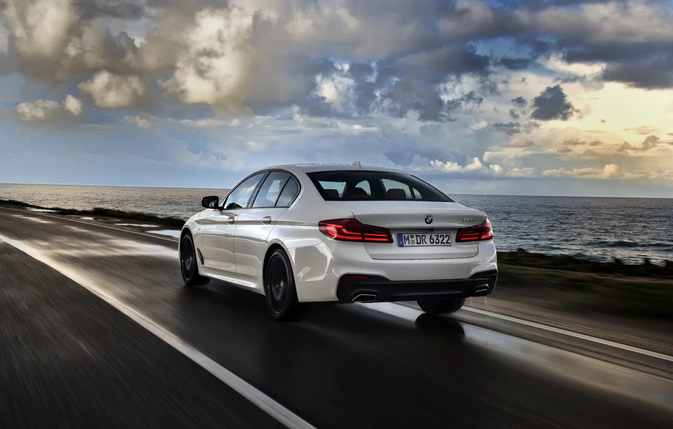 Photo wallpaper white, BMW, sedan, rear view, dampness, 540i, 5, four-door