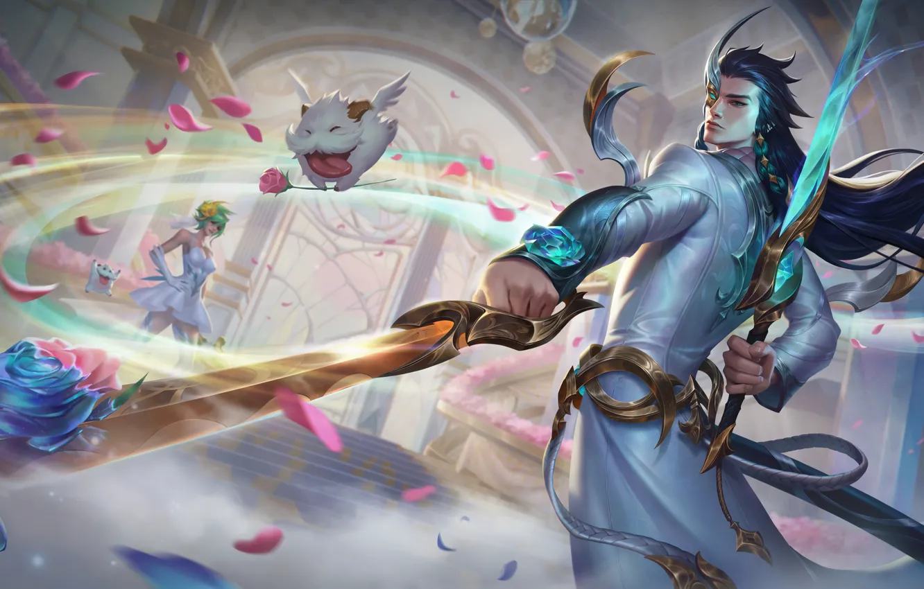 Photo wallpaper flowers, pose, the game, the demon, male, hall, characters, blade