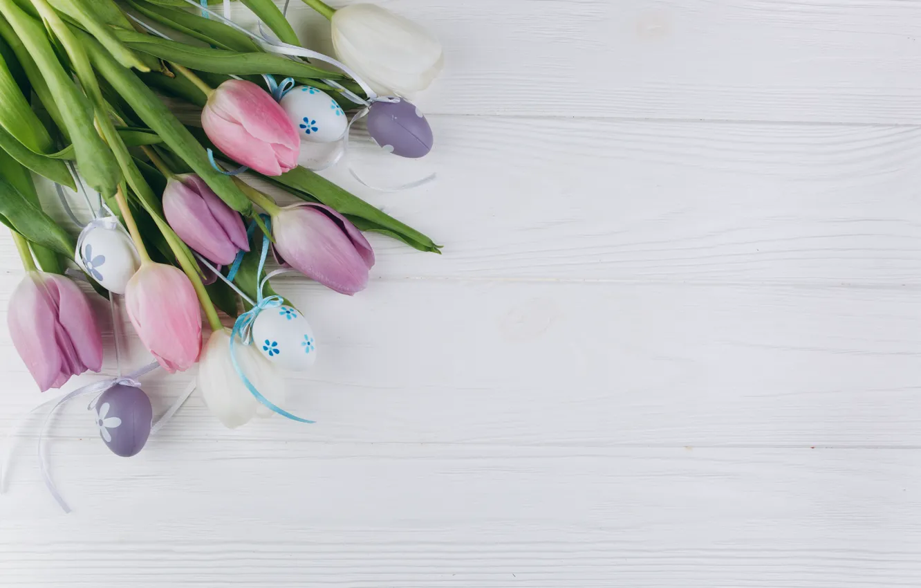 Photo wallpaper flowers, eggs, Easter, tulips, wood, pink, flowers, tulips
