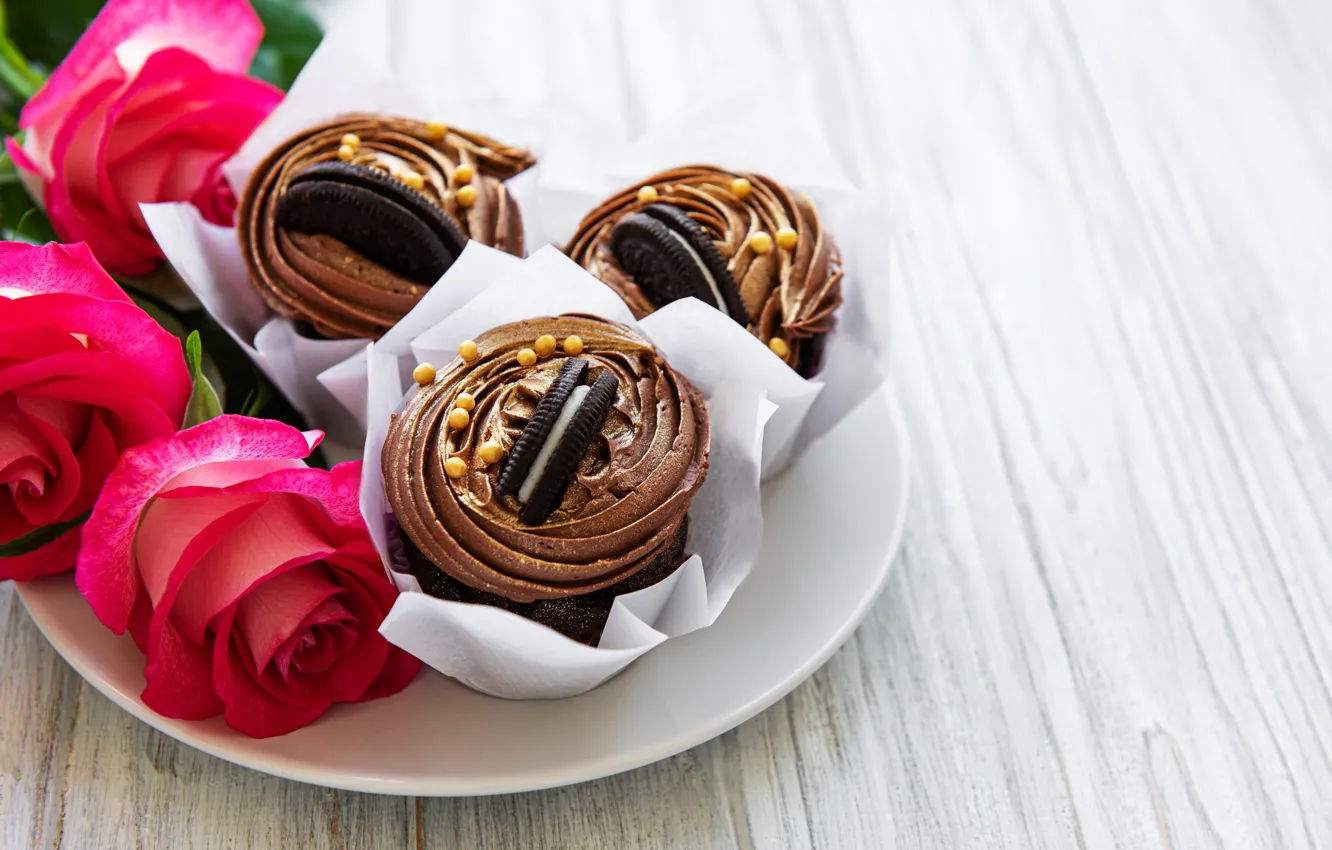 Photo wallpaper birthday, bouquet, cupcakes, roses, Olena Rudo