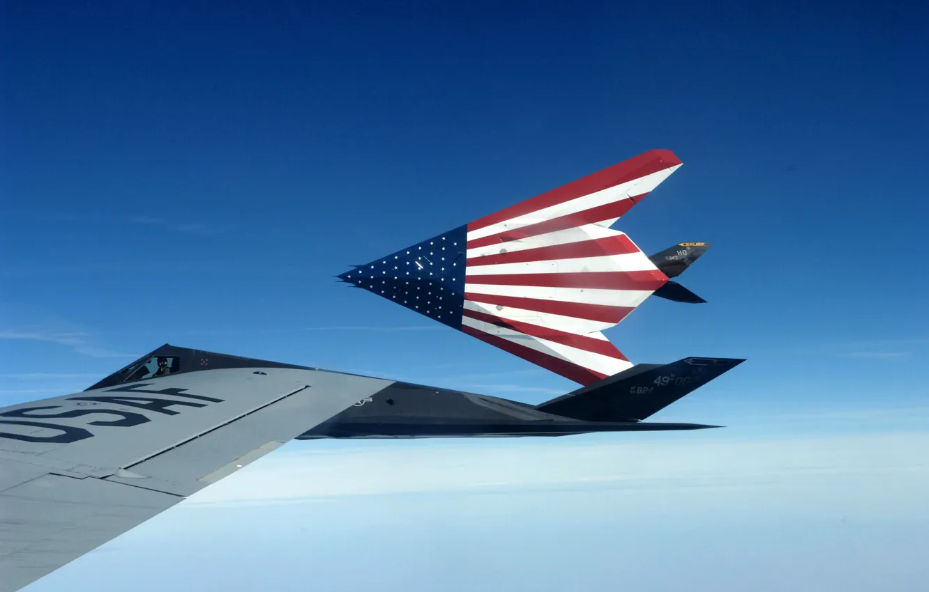 Photo wallpaper Nighthawks, F-117, USA flag, stealth aircraft