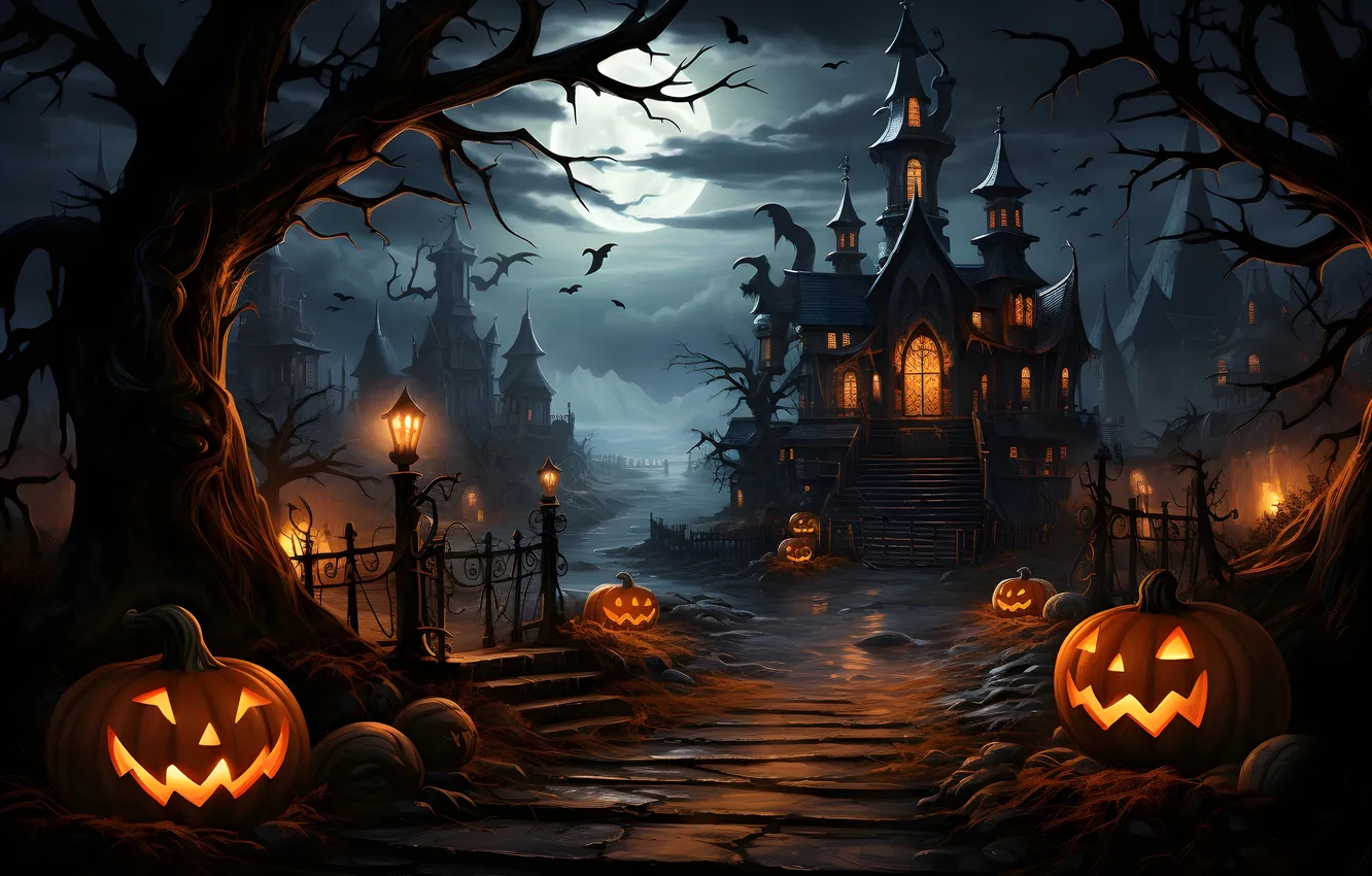 Photo wallpaper trees, night, clouds, lights, the moon, home, Halloween, pumpkin