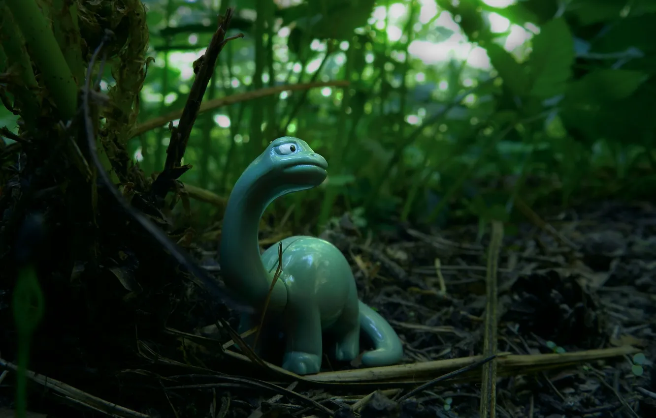 Photo wallpaper grass, toy, green, neck, surprise, kinder, Diplodocus