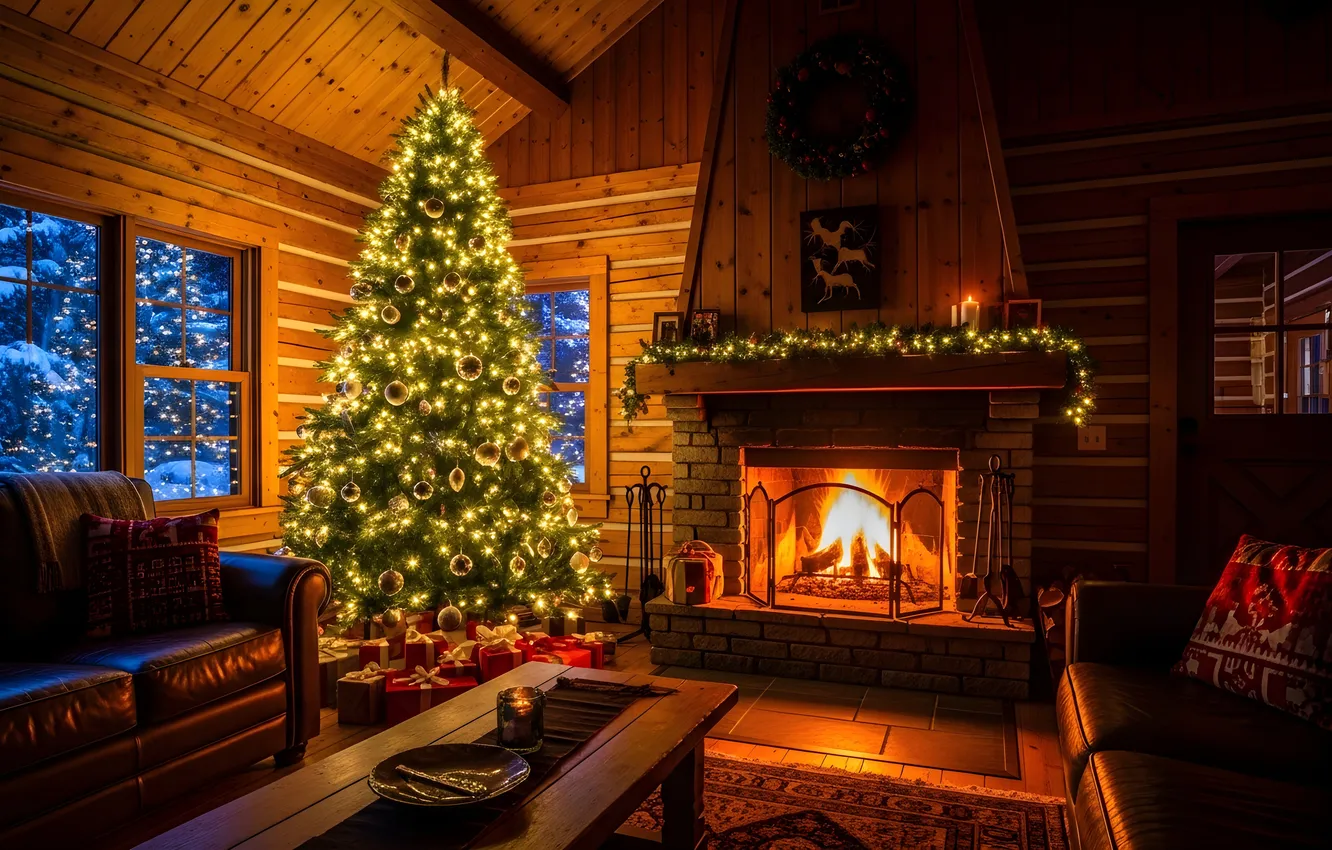 Photo wallpaper room, tree, interior, Christmas, fireplace, interior, decoration, fireplace