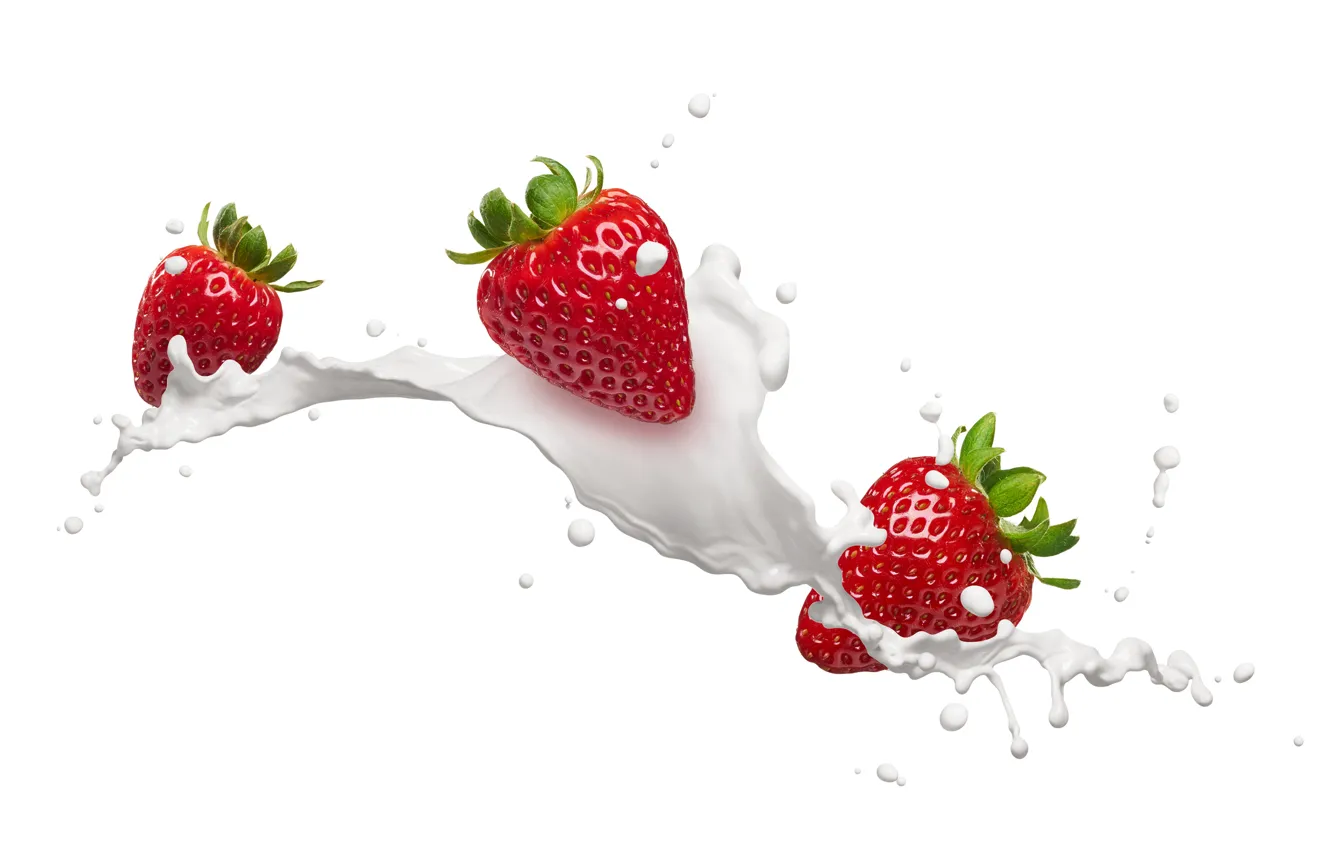 Photo wallpaper drops, squirt, red, berries, milk, strawberry, white background