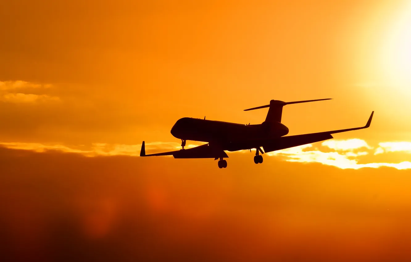 Photo wallpaper sunset, silhouette, glow, the plane, liner