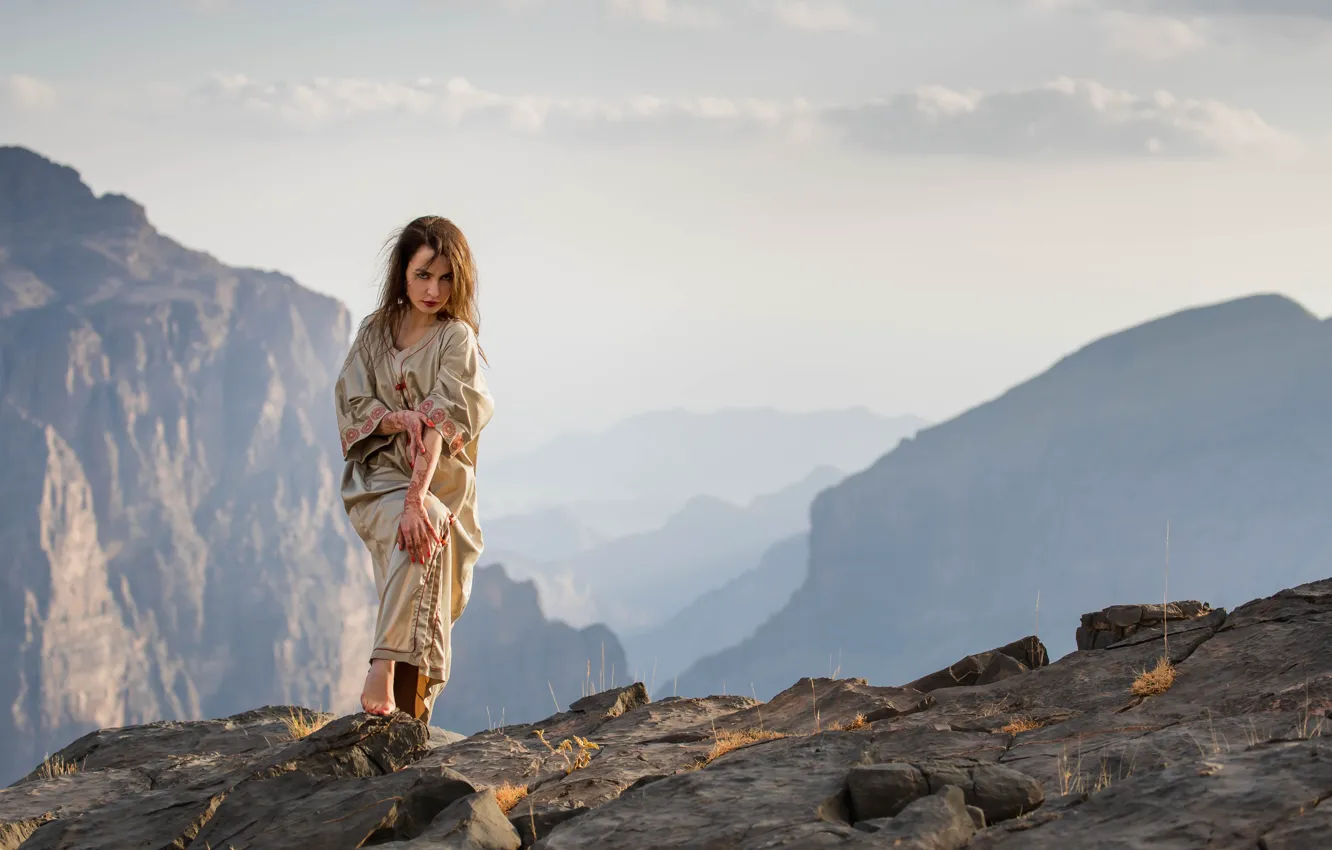 Photo wallpaper look, girl, mountains, pose, hair, dress