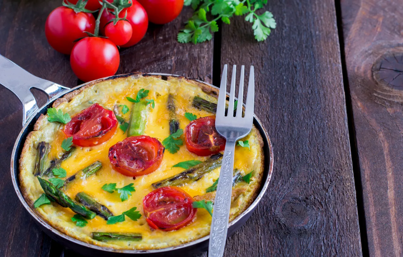 Photo wallpaper greens, plug, scrambled eggs, vegetables, tomatoes, omelette