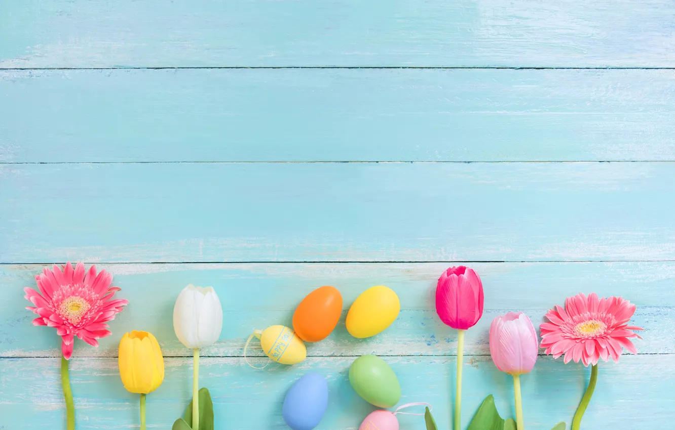 Photo wallpaper Tulips, Easter, Eggs, Holiday, Gerbera