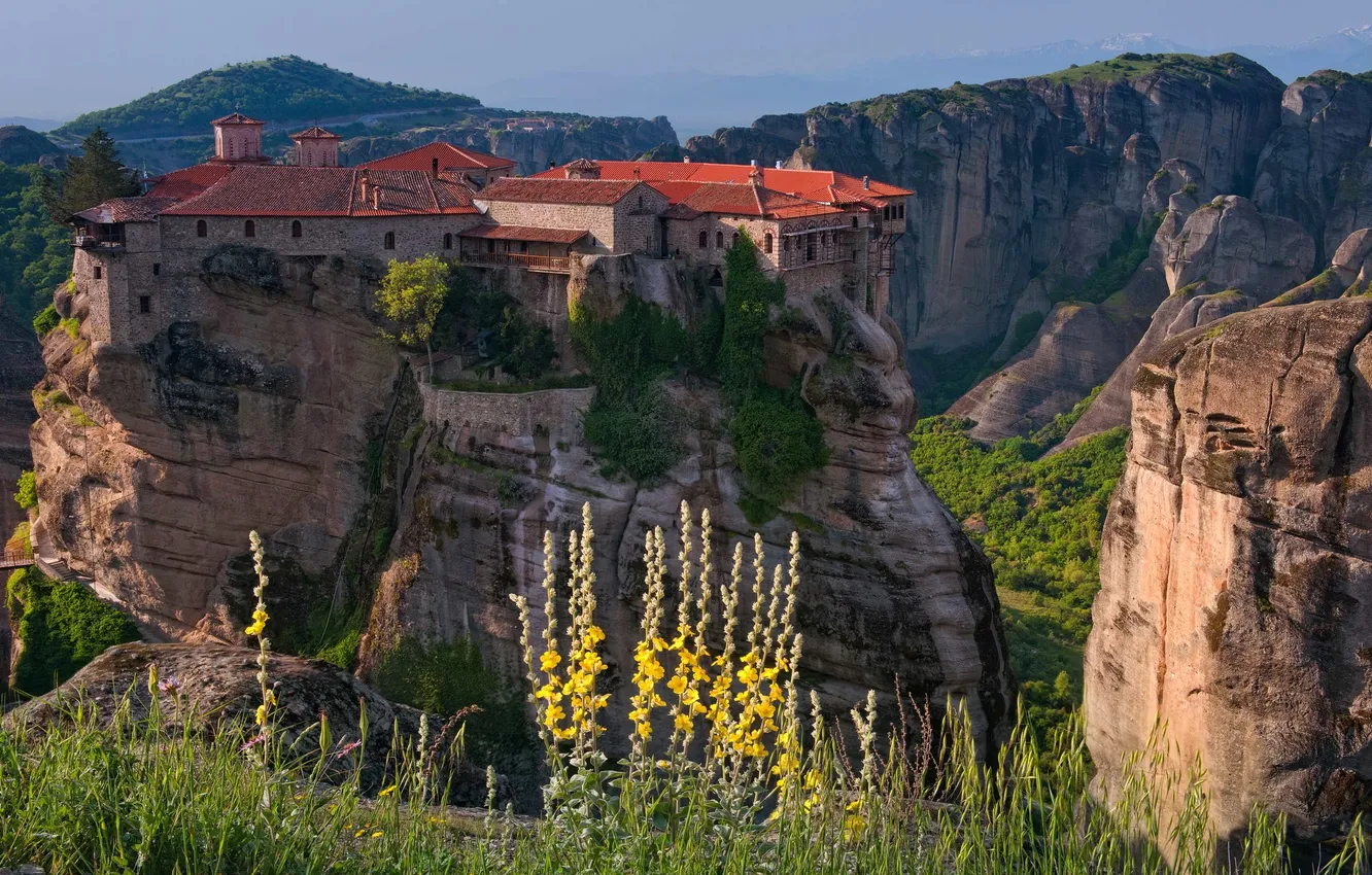 Photo wallpaper the sky, clouds, trees, landscape, mountains, nature, rocks, plant