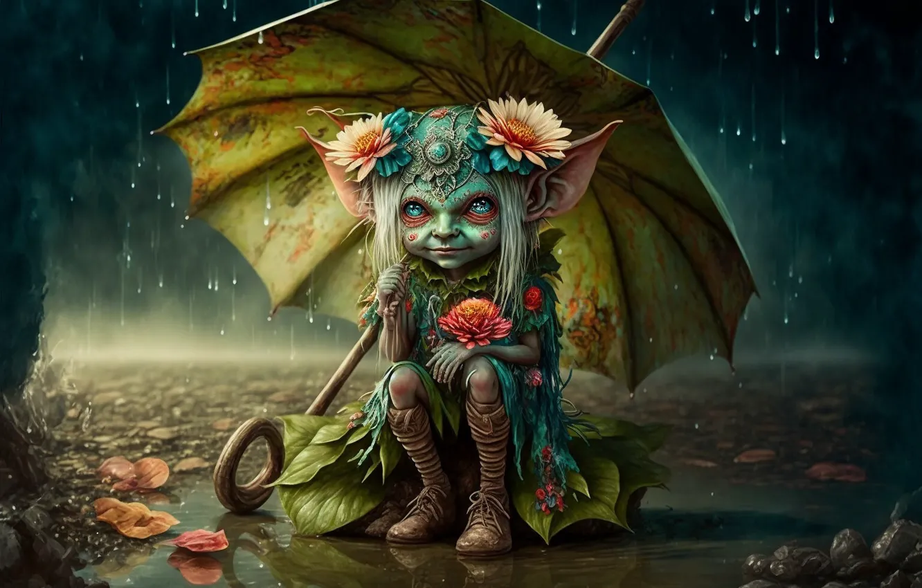 Photo wallpaper look, water, drops, flowers, rendering, rain, elf, graphics