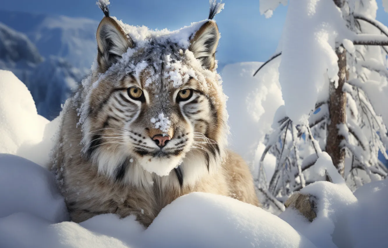 Photo wallpaper winter, look, snow, nature, pose, lynx, face, AI art