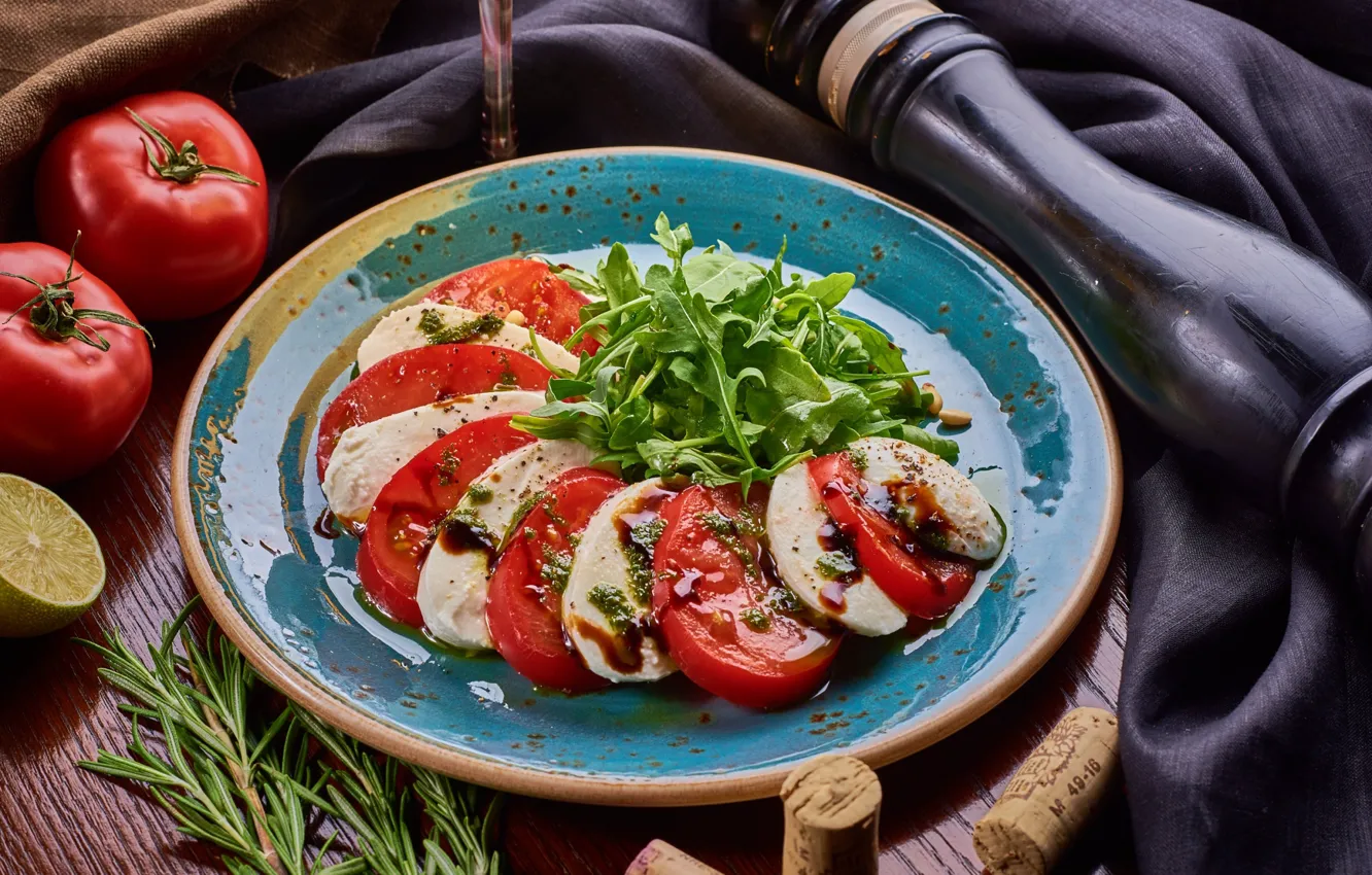 Photo wallpaper oil, tomatoes, salad, Caprese, mozzarella