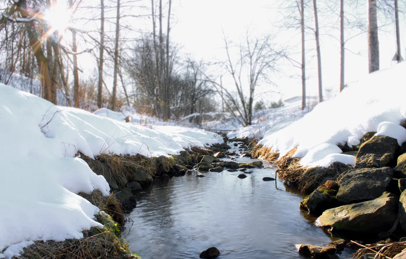 Photo wallpaper winter, snow, stream, stones