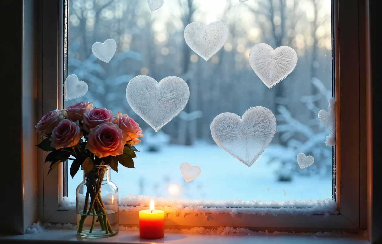 Photo wallpaper winter, love, romance, heart, roses, bouquet, window, love