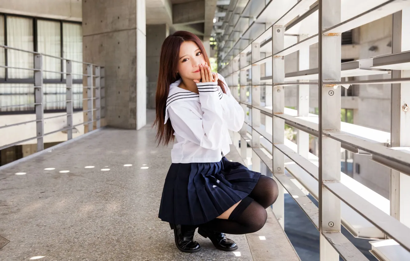 Photo wallpaper smile, positive, Asian, cutie, uniform, asian, sitting, cutie