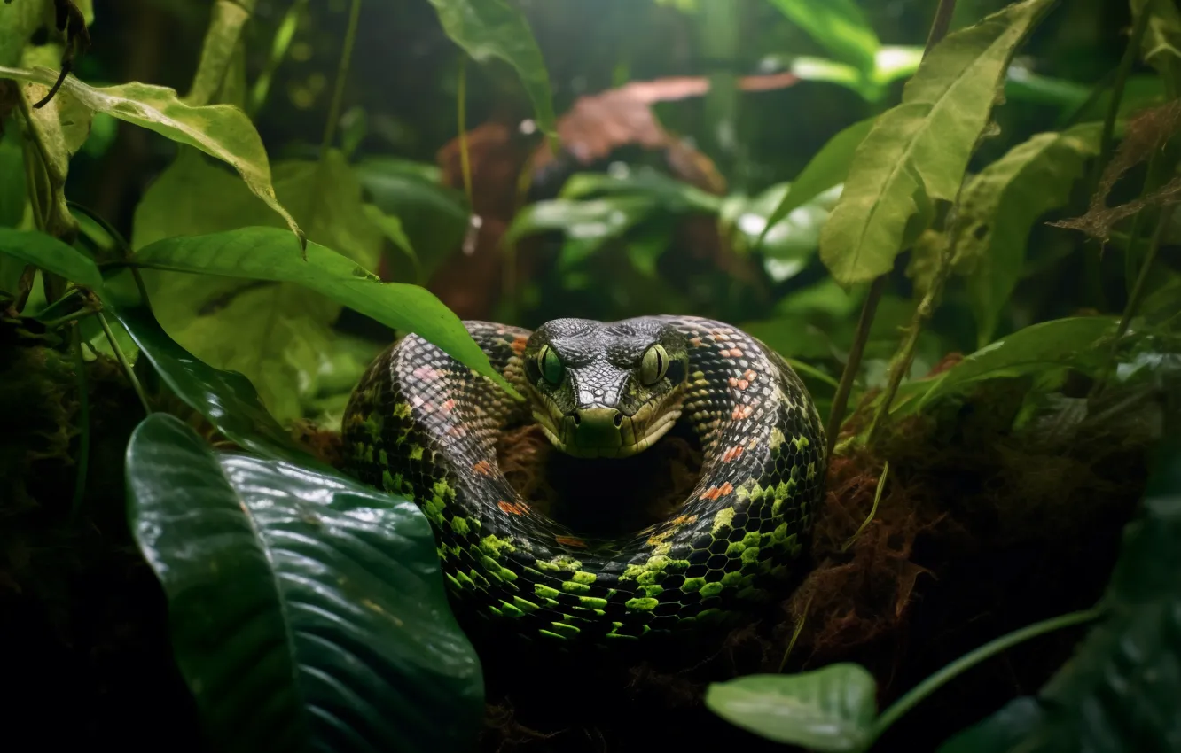 Photo wallpaper eyes, look, face, leaves, trees, animal, danger, snake
