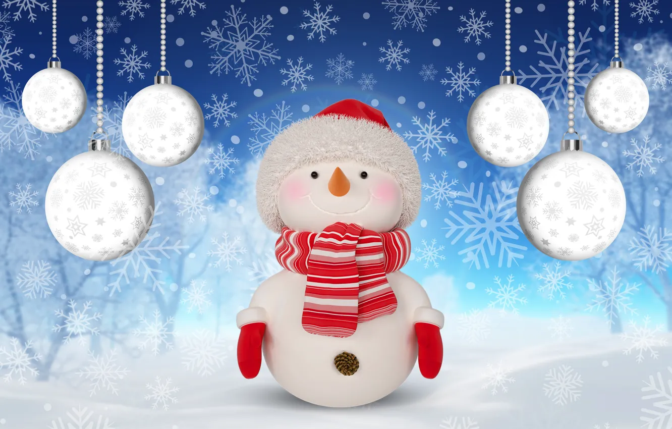 Photo wallpaper winter, snow, snowflakes, new year, Christmas, snowman, Christmas, winter