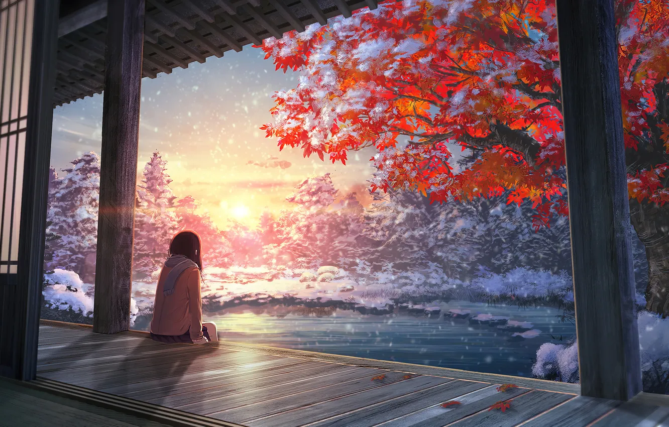 Photo wallpaper dream, girl, snow, one, anime, the rays of the sun, pond, anime