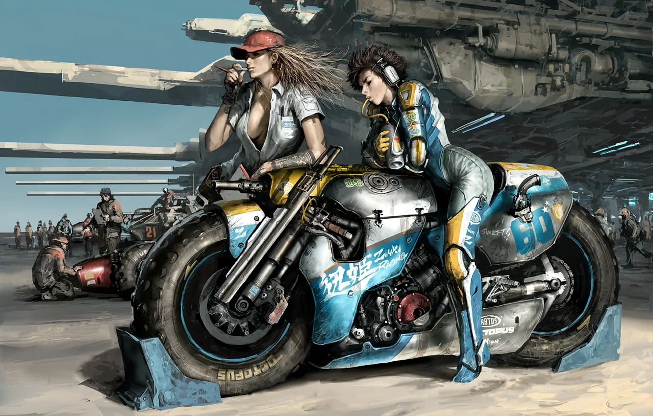 Photo wallpaper weapons, girls, race, motorcycle, waiting, Art