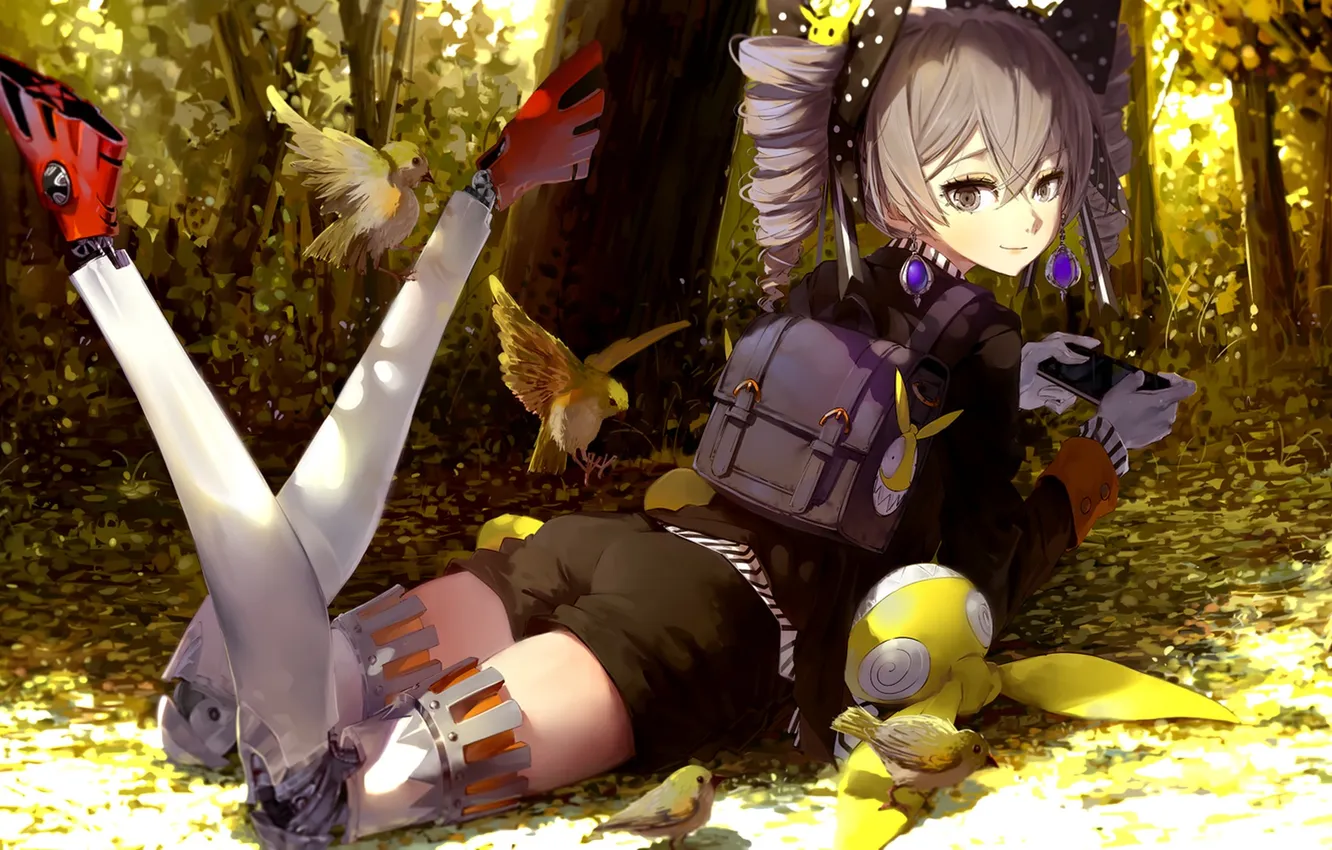 Photo wallpaper girl, trees, birds, nature, robot, anime, art, phone