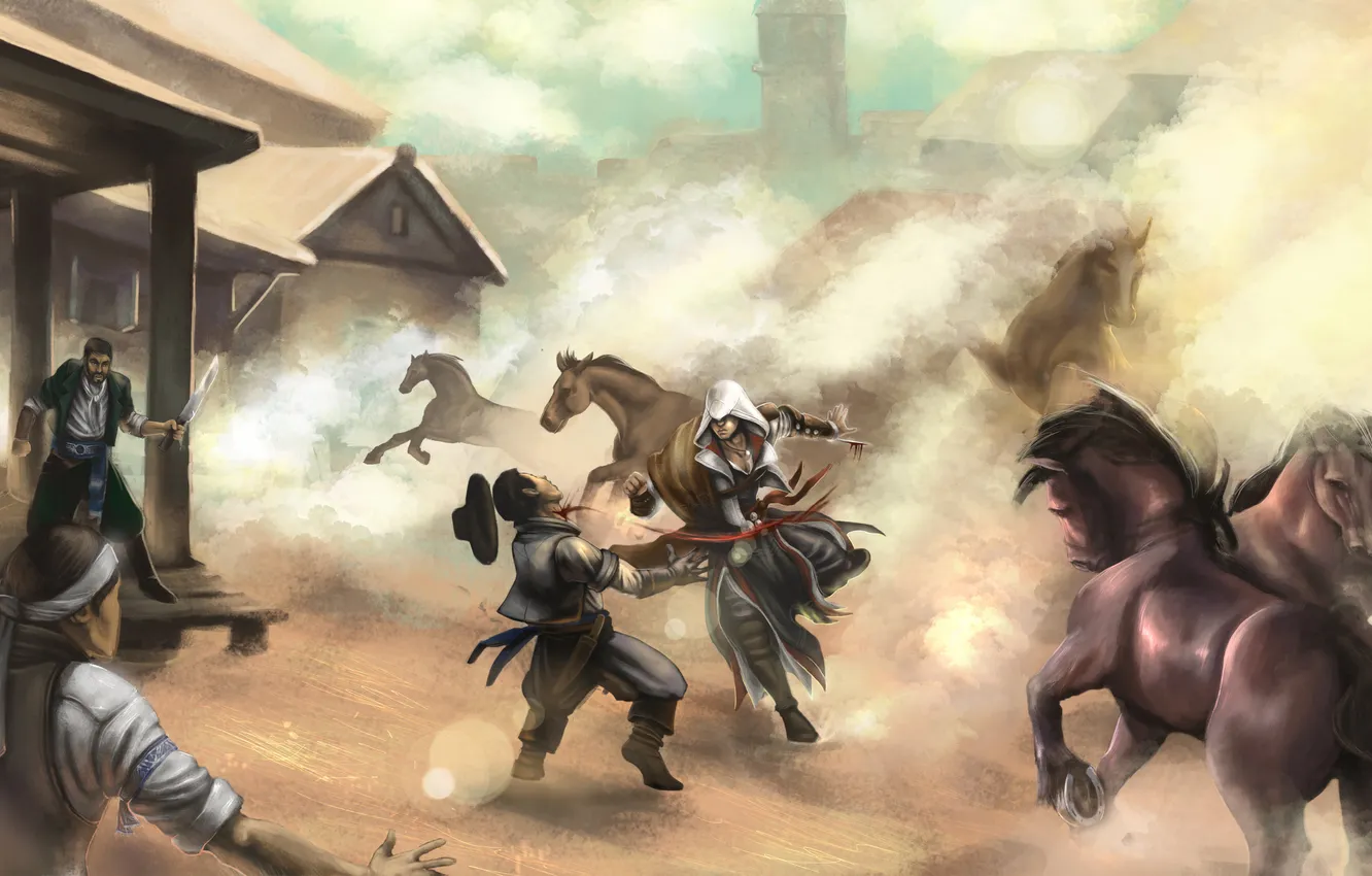 Photo wallpaper smoke, village, horse, the bandits, assassins creed